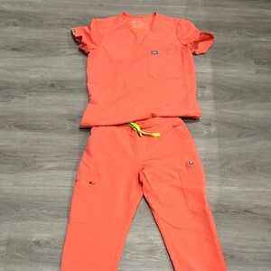 FIGS Limited Edition Hot Coral Scrub Top and Bottom Set